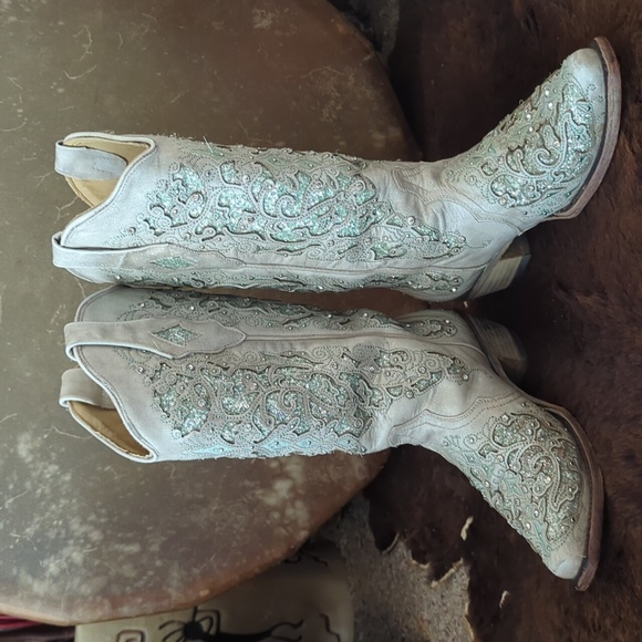 CORRAL A3321 pale green glitter inlay & crystals snip toe cowgirl boots sz 7 euc - Picture 6 of 16